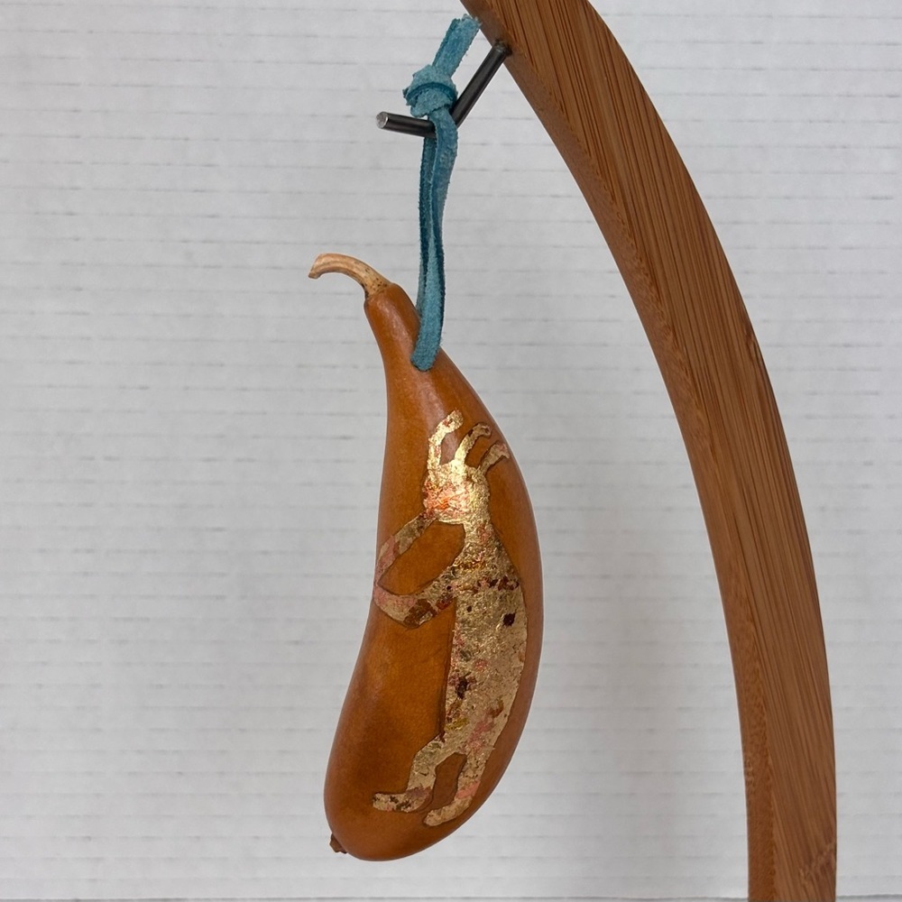 Small signed Gourd Ornament southwest Style With Gold Leaf Kokopelli Figure